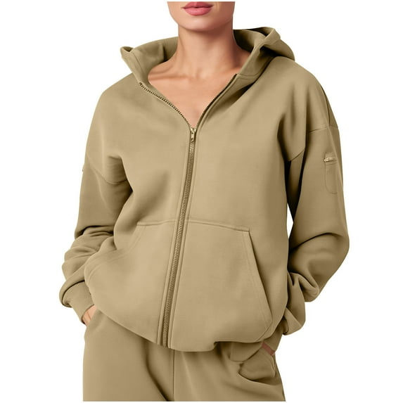 safuny Womens Zip Up Hoodies Fleece Jackets Oversized Sweatshirts with Hidden Pocket Fall Winter Fashion Coat Khaki _x M