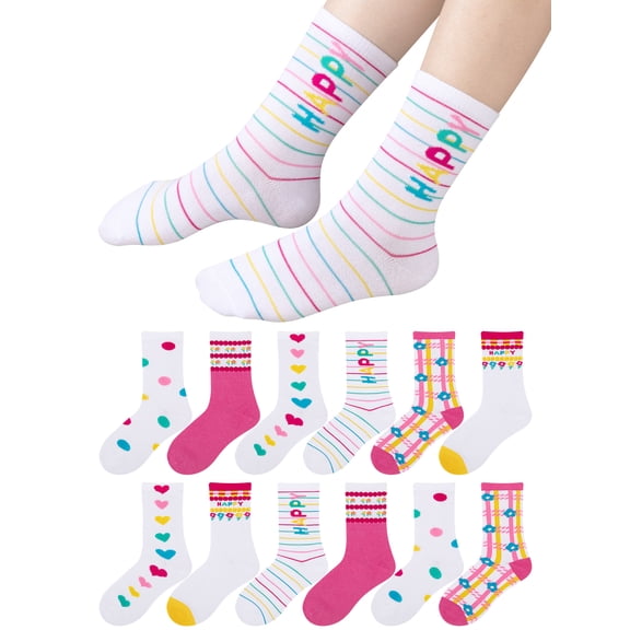 EALLCO Girls Crew Socks 12 Pairs Colorful Pattern Soft Breathable Casual Kids Socks