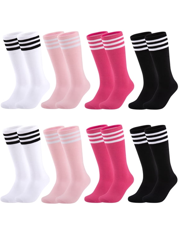 Girls Crew Socks 8 Pairs Stripe Multicolor Soft Breathable Uniform Casual Socks for Ages 4‑10 Kids