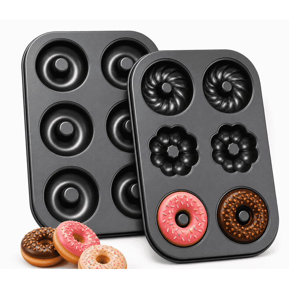 Xinabrius Donut Pan for Baking, 2 Pack 6-Cavity Nonstick Carbon Steel Doughnut Pans, 3 Shape Donut Baking Pan for Baked Donuts, Mini Bagel Mold, Gold