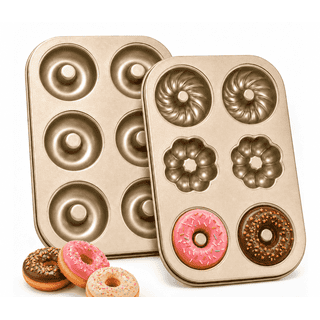 Xinabrius Donut Pan for Baking, 2 Pack 6-Cavity Nonstick Carbon Steel Doughnut Pans, 3 Shape Donut Baking Pan for Baked Donuts, Mini Bagel Mold, Gold