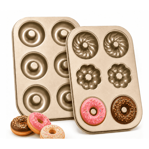 Xinabrius Donut Pan for Baking, 2 Pack 6-Cavity Nonstick Doughnut Pans, Carbon Steel Baking Pan for Oven, Mini Bagel Mold, Gold
