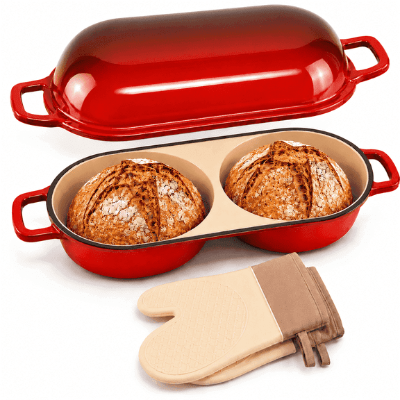 Xinabrius Mini Double Dutch Oven for Sourdough Bread Baking, Enameled Cast Iron Bread Baker with Lid, Dual Round Loaf Pan, Bake Two Loaves at Once, Red