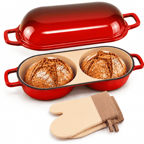 Xinabrius Mini Double Dutch Oven for Sourdough Bread Baking, Enameled Cast Iron Bread Baker with Lid, Dual Round Loaf Pan, Bake Two Loaves at Once, Red