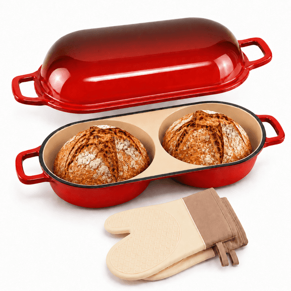 Xinabrius Enameled Cast Iron Bread Pan with Lid, Double Round Sourdough Loaf Pan Dutch Oven Bread Baker with Silicone Oven Mitts, Red