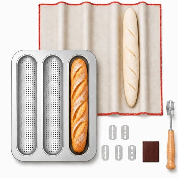Xinabrius Baguette Pan for Baking, French Bread Pan with Bread Scoring Lame & Linen Blend Proofing Cloth, Carbon Steel Nonstick Baguette Baking Tray, Silver