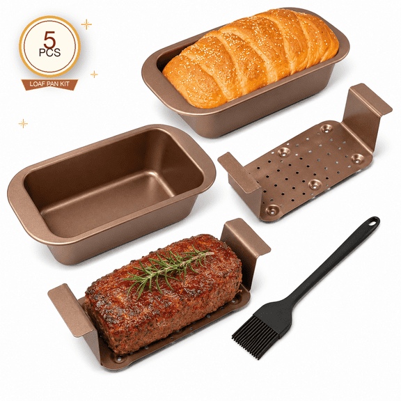 Xinabrius 2-Pack Meatloaf Pan with Drainer, Nonstick 9" x 5" Loaf Pans for Baking Bread & Meatloaf, Drain Inserts & Brush, Gold