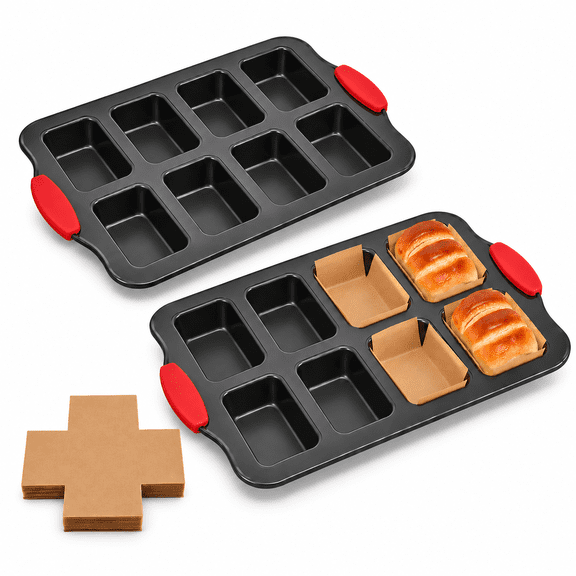 Xinabrius Mini Loaf Pans 8-Cavity, 2 Pack Nonstick Carbon Steel Mini Bread Pans with 100 Parchment Paper Liners, Small Loaf Pans for Baking, Grey
