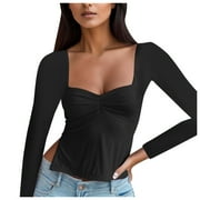 Xinduolei Womens Solid Square Neck Long Sleeve Pleated Side Split Top T Shirt Womens Thermal Leggings Long Thermal Underwear Women Thermals Underwear for Men Women Thermals Top and Bottom Set Lite