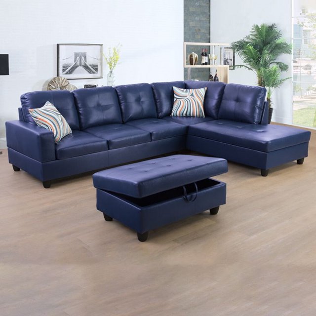 Xingbo Modern Sectional Sofa Set, Blue Leather Living Room Sets in Home