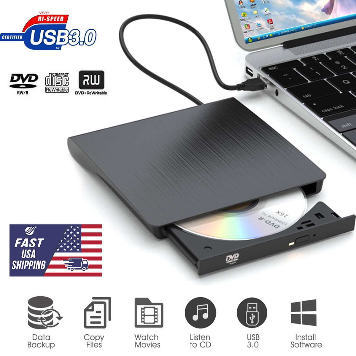 Xingbo Slim External CD/DVD Drive USB 3.0 Player Burner Reader For ...