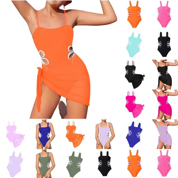 XinghaiYIDE Girls 1-Piece Swimsuit with Matching Sarong Cover-Up,Kids Adjustable Strap Cutout Bathing Suit,Solid Color Swimwear Set for Beach Vacation & Pool Party,Sizes 8-16Y Orange-d