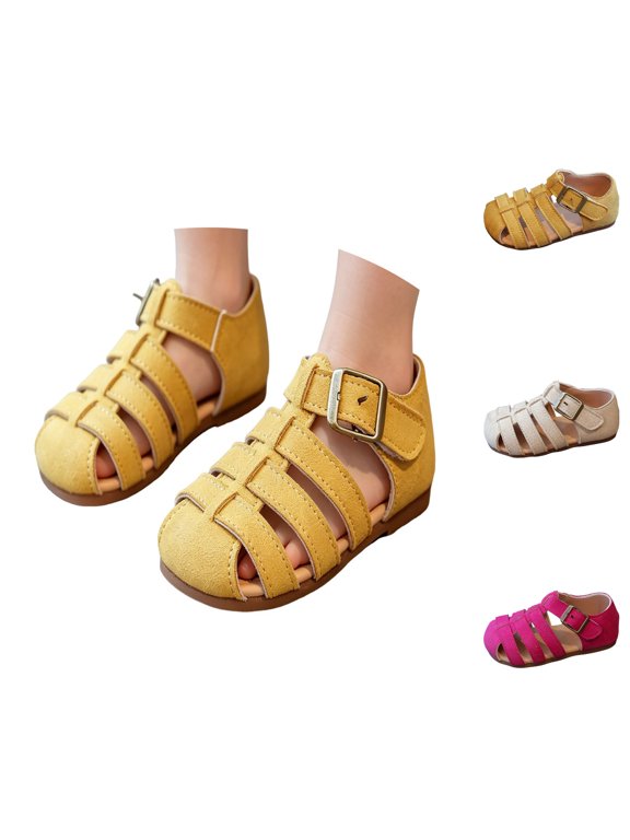 Girls Closed-Toe Breathable Sandals, Soft Sole Hollow Casual Beach Shoes for Toddler/Little Kid, Adjustable Strap Non- Outdoor Play Footwear for Ages 2-10Y Yellow