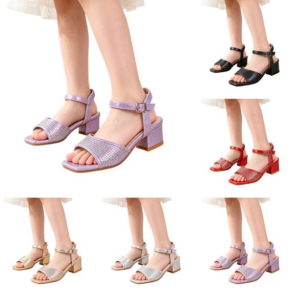 XinghaiYIDE Girls Low Heel Sandals,Kids Open Toe Ankle Strap Dress Shoes,Sparkly Rhinestone Buckle Heeled Sandals for Party/Wedding,Little/Big Kid Princess Shoes,US 11-4 Purple