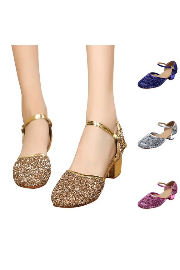 Girls Glitter Low-Heel Dance Shoes, Toddler/Kid Latin & Performance Footwear, Soft-Sole Princess Heels with Adjustable Strap for Practice/Recitals/Parties, Sizes 26-36 Gold