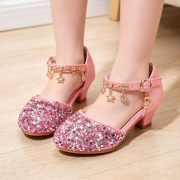 XinghaiYIDE Girls Rhinestone Heeled Sandals, Party Dress Shoes for Toddler/Little/Big Kids, Adjustable Strap Princess Footwear for Performances/Weddings/Events, Sizes 3-12Y Pink