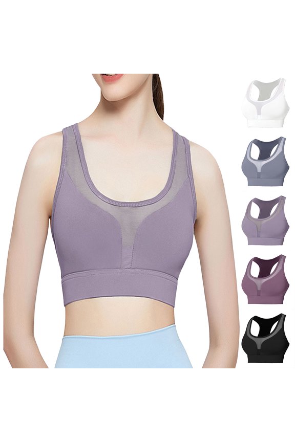 Low Impact Yoga Sports Bra Mesh Design V Neck Racerback Padding Wide Band for Support Tank Top
