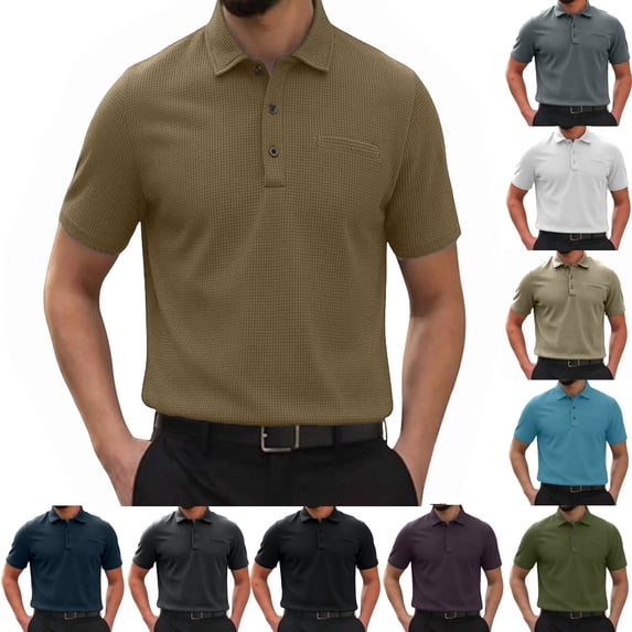 XinghaiYIDE Men Polo Shirts Short Sleeve Waffle Honeycomb Fabric Front Pocket Office Weekend Casual Wear Shirt S-3XL