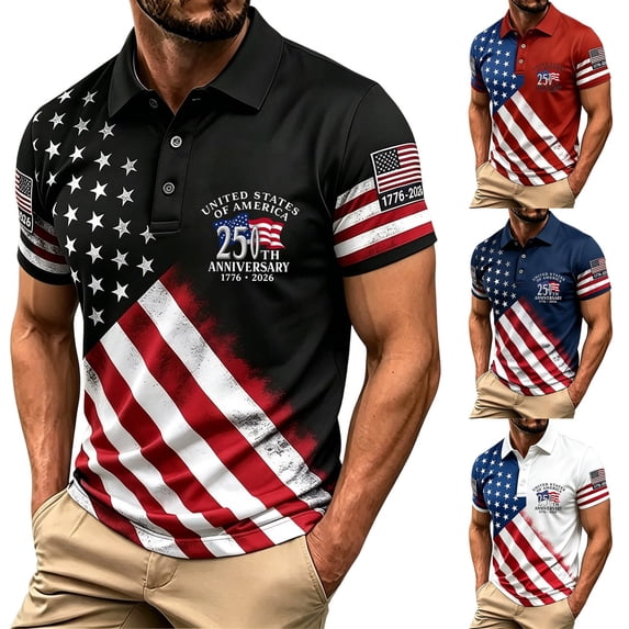 XinghaiYIDE Mens Polo USA Flag Star Stripes Printed Short Sleeve Button Placket Patriotic Holiday Polo Tee S-5XL