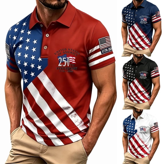 XinghaiYIDE Mens Polos Retro Worn US Star Stripe Flag 250 Year Anniversary Short Sleeve Lapel Shirt S-5XL