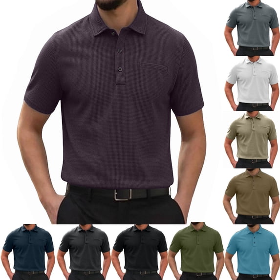 XinghaiYIDE Mens Short Sleeve Shirt Polo Neck Waffle Weave Texture Chest Pocket Light Summer Office Daily Apparel S-3XL