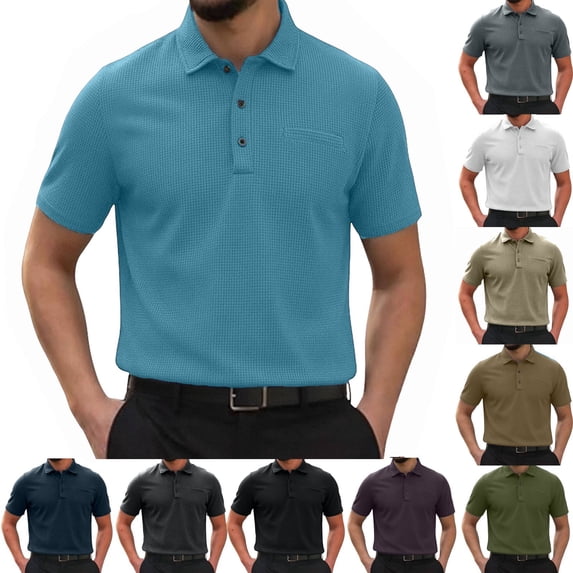 XinghaiYIDE Short Sleeve Shirt Men Polo Collar Waffle Honeycomb Fabric Pocket Lightweight Summer Everyday Tee S-3XL