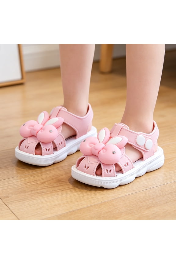 Toddler Girls' Bunny Rhinestone Closed-Toe Sandals,0-3Y Soft Sole First Walker Shoes,Protective Toe Cap Adjustable Strap Sandals,Lightweight Summer Beach Shoes for & Toddlers