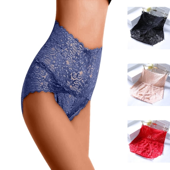 XinghaiYIDE Women's High Waist Lace Panties, Soft Hollow Out Briefs with Pure Cotton Crotch, Full Coverage Tummy Control Underwear for Ladies, Sizes M-XXXL Navy