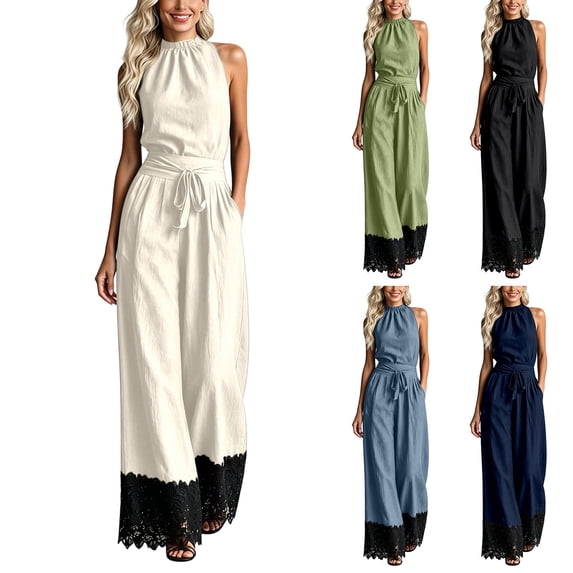 XinghaiYIDE Women's Linen Halter Jumpsuit Sleeveless Belted Wide Leg Lace One Piece Outfit with Pockets Casual Summer Romper