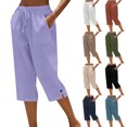 thumbnail image 1 of XinghaiYIDE Womens Capri Pants Casual Summer Stretch Linen Button Elastic Waist Straight Pants, 1 of 7