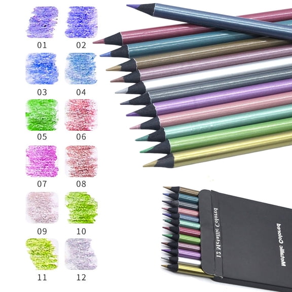 Xingjin 12 Colors Metallic Colored Pencils Adults Glitter Wood Drawing Coloring Pencil Colorful School Supplies Back to School Gift Art Drawing Book