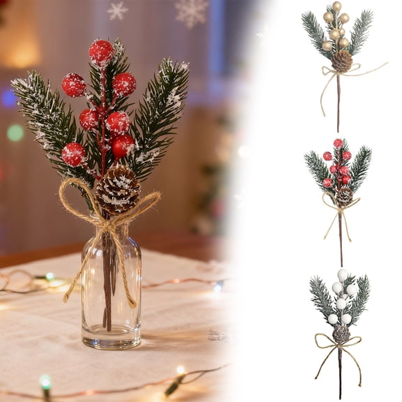Xingjin Artificial Christmas Picks with Gold Berries and Pinecones, Faux Berry Stems Branches for Xmas Wreath Floral Arrangement Holiday Decor, 1 Piece
