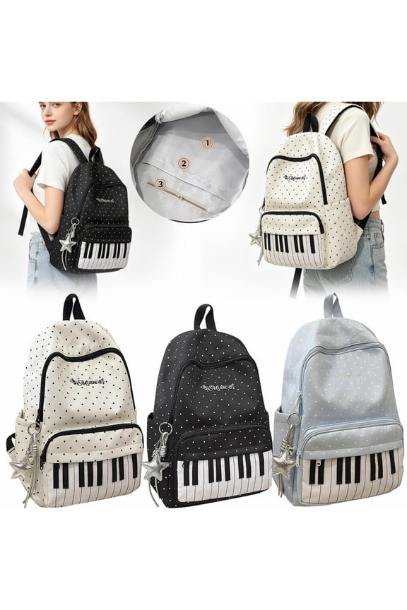 Black Canvas Polka Dot Backpack for Women, Cute Piano Style Bookpack with Laptop Compartment for Work Travel and Campus Commute Bag Pack