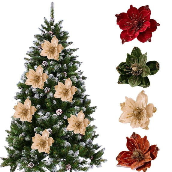 Xingjin Christmas Glitter Magnolia Artificial Flower with Stem, 10.24 Inch Tree Flower for Wreath Garland Holiday Decor, Xmas Wedding Decoration