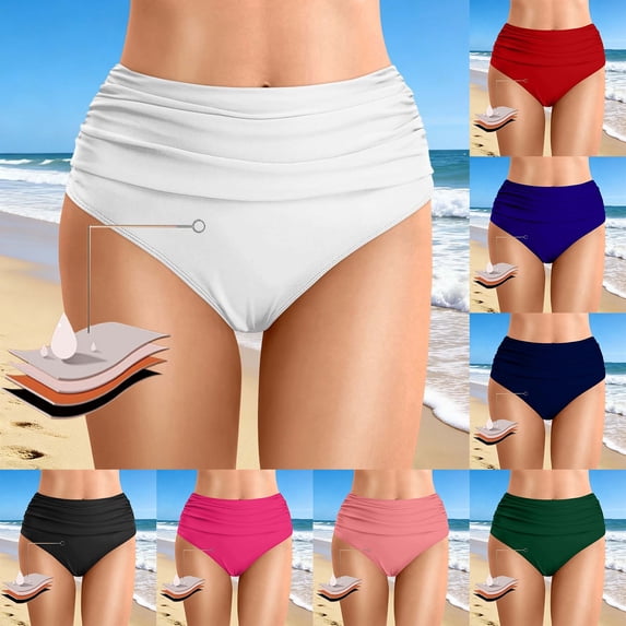 Xingjin Period Swimwear High Waisted Tummy Control Bikini, Menstrual Swimsuit Bottoms Leakproof Panties for Women, Waterproof Sanitary Swim Bottom Dark Blue L