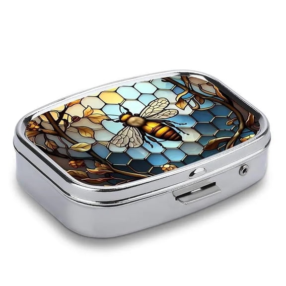 Xingjin Pill Box with Animal Style Mirror All in One 2 Compartment Portable Medicine Organizer Travel Pill Case for Vitamins Daily Medication Amber Bee.