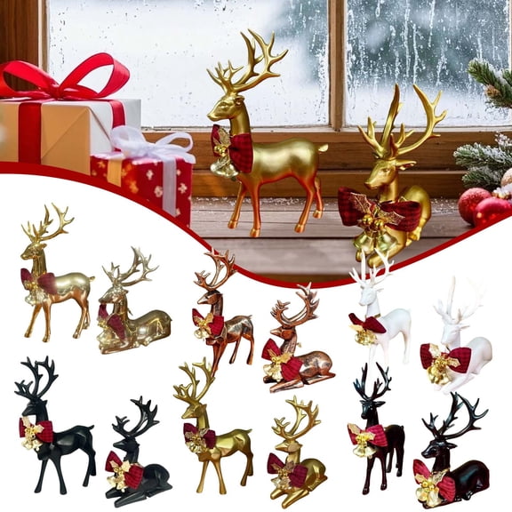 Xingjin Reindeer Figurines, Pair of Christmas Deer Statues with Bows and Bells, Holiday Tabletop Decor for Mantel and Living Room Display