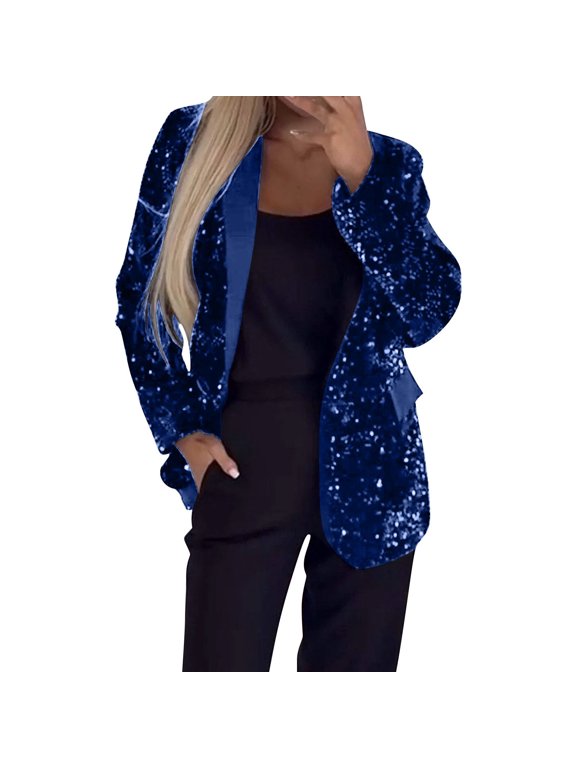 Flannel Blazer with Sequin Lapel Women's Jacket Fall Winter Casual Long Sleeve Unique Work Office 2026 Blue S