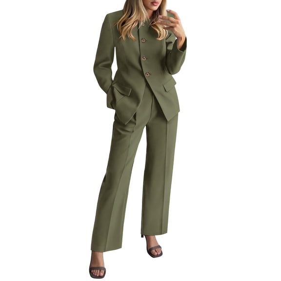 Xingpeng Women's Wide Leg Pants Suit Set 2026 Fall Business Casual Blazer and Trousers with Pockets Two Piece Green XXL