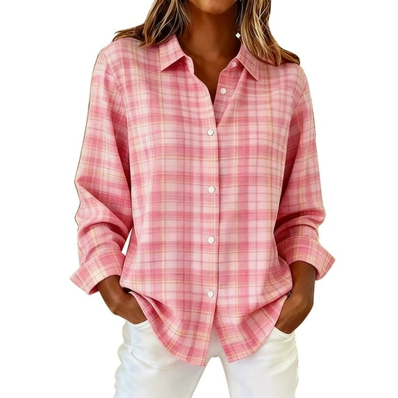 Xingpeng Womens Retro Plaid Print Hemp Shirts Long Sleeve Casual Blouses Fall Winter Outfits Hot Pink M