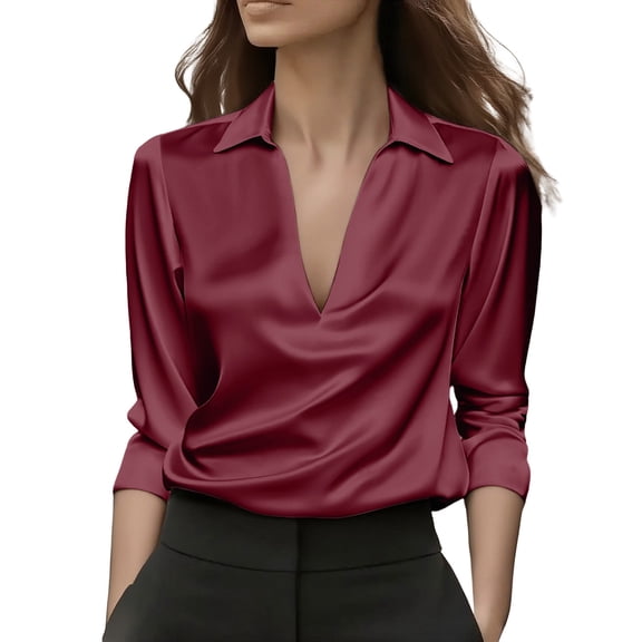 Xingpeng Womens V Neck Satin Shirts Long Sleeve Minimalist Blouses Casual Dressy Tops Wine S