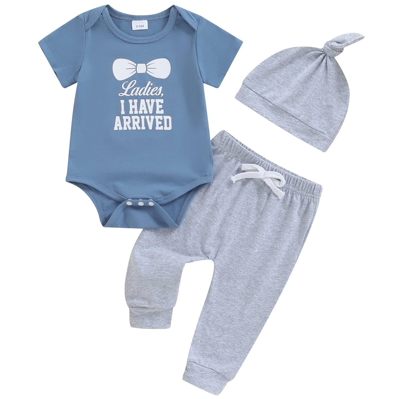 Xingqing Infant Baby Boys 3Pcs Outfits Short Sleeve Bowtie Print Romper