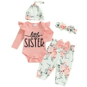 Xingqing Infant Baby Girls Fall 4PCS Outfits Set Long Sleeve Sister Romper Floral Pants Headband Hat Clothes Newborn
