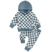 Xingqing Toddler Baby Boys Fall Outfits Checkerboard Hooded Long Sleeve Sweatshirts Pants 2Pcs Clothes Set 12-18 Months