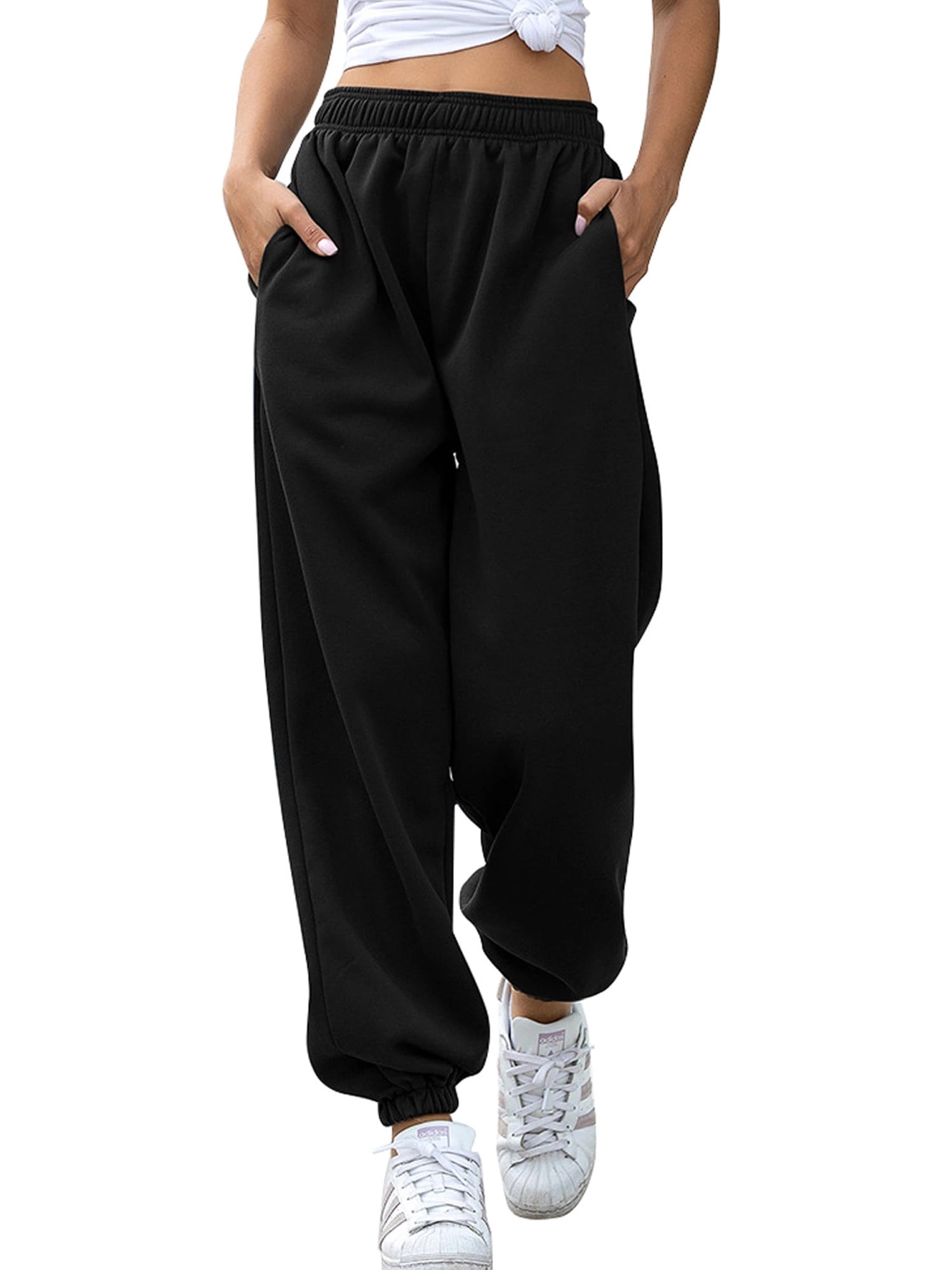 Xingqing Women Elastic High Waist Pockets Dance Jogger Sports Ladies Casual  Cotton Baggy Sweatpants Trousers Black 