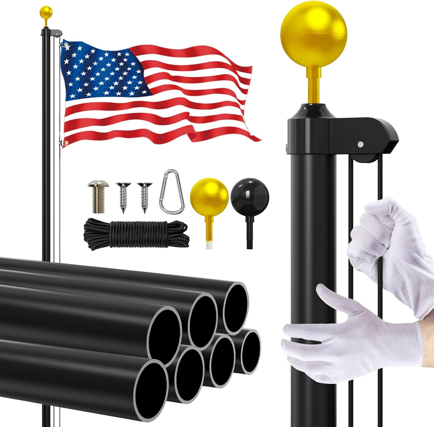 Xinhao 25 FT Heavy Duty Aluminum Flag Pole Kit, 14 Gauge Extra Thick Outdoor Flagpole with 3x5 American Flag, Seven-Section Design with Durable Alloy Clips for Home and Business Use