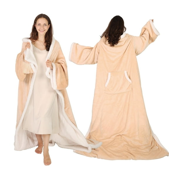 Xinhao Heated Throw Blanket with Sleeves, Wearable Electric Blanket with Foot Pocket, 6 Adjustable Heat Settings, 70 * 50", Cozy Flannel and Sherpa, Beige