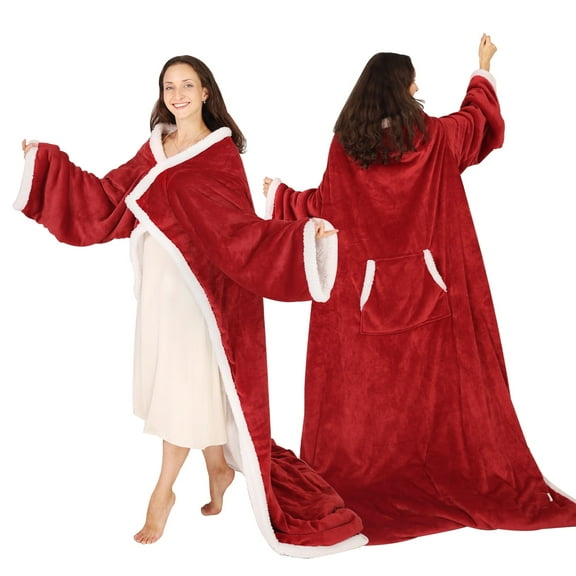 Xinhao Heated Throw Blanket with Sleeves, Wearable Electric Blanket with Foot Pocket, 6 Adjustable Heat Settings, 70 * 50", Cozy Flannel and Sherpa, Wine Red