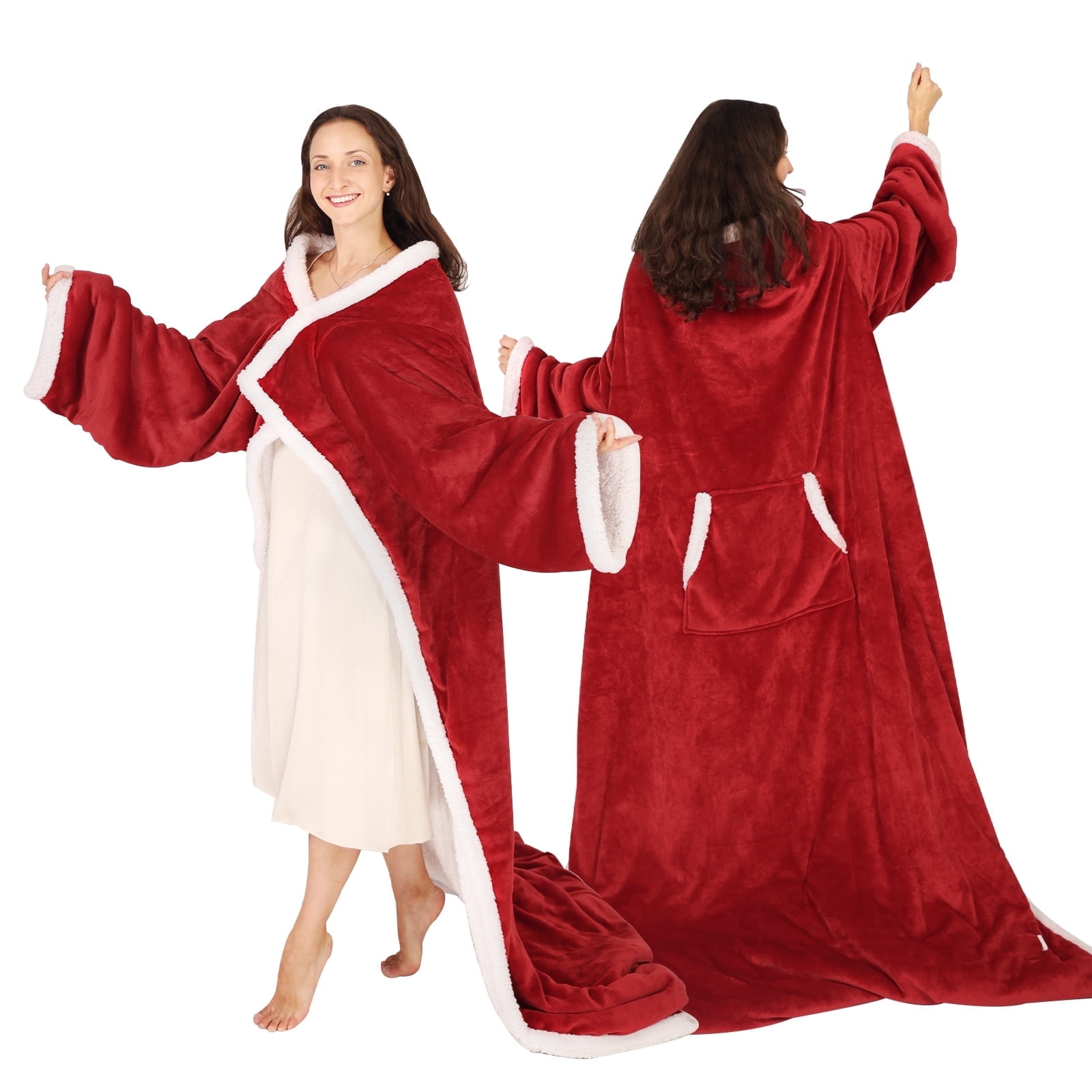 Xinhao Heated Throw Blanket with Sleeves, Wearable Electric Blanket with Foot Pocket, 6 Adjustable Heat Settings, 70 * 50", Cozy Flannel and Sherpa, Wine Red