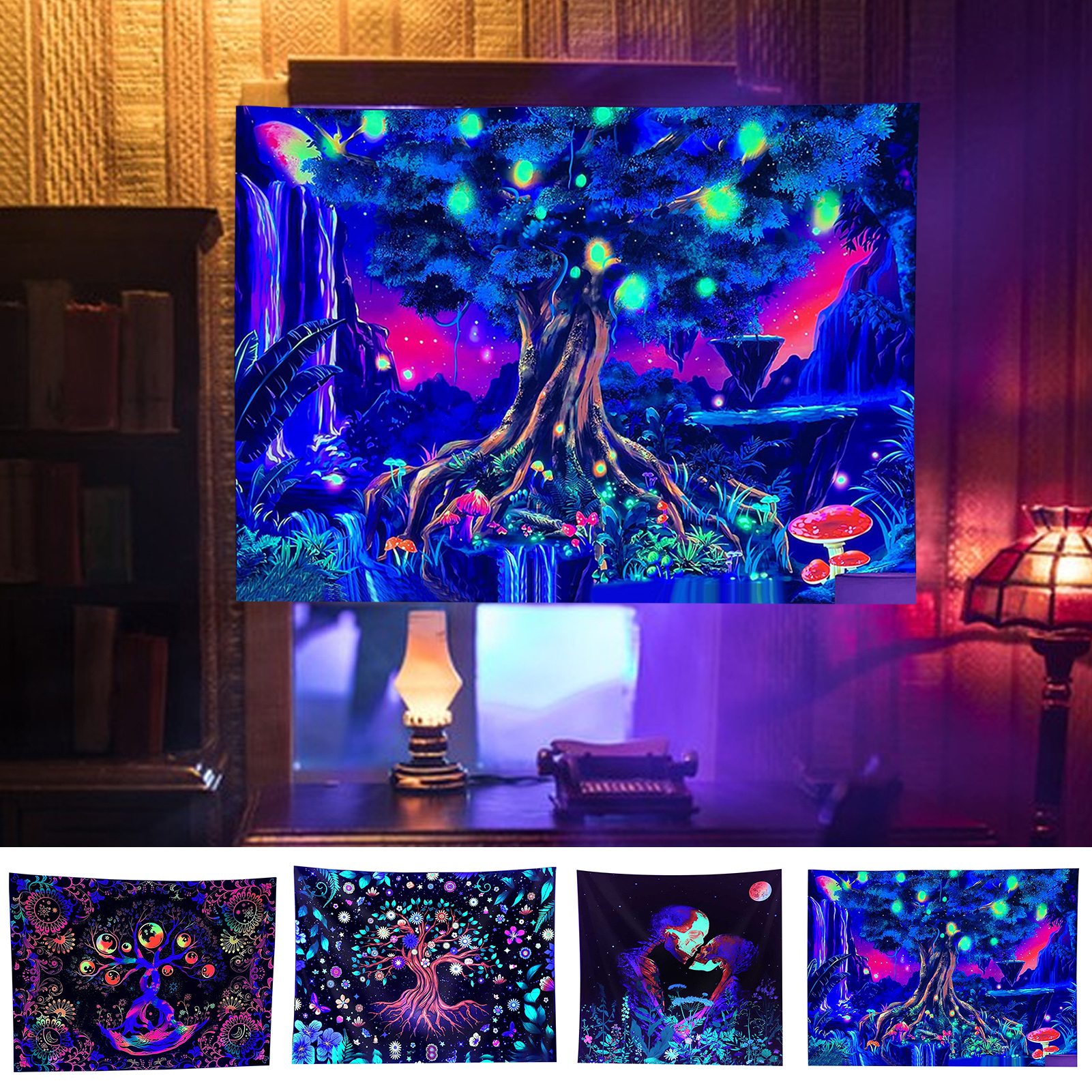Xinhuadsh 1 Set Big Tree Tapestry Glow in The Dark Black UV Light